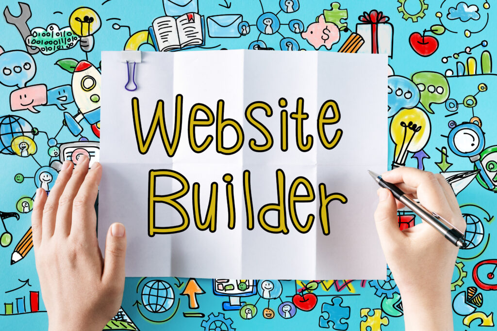 Website Builder text with hands and colourful illustrations